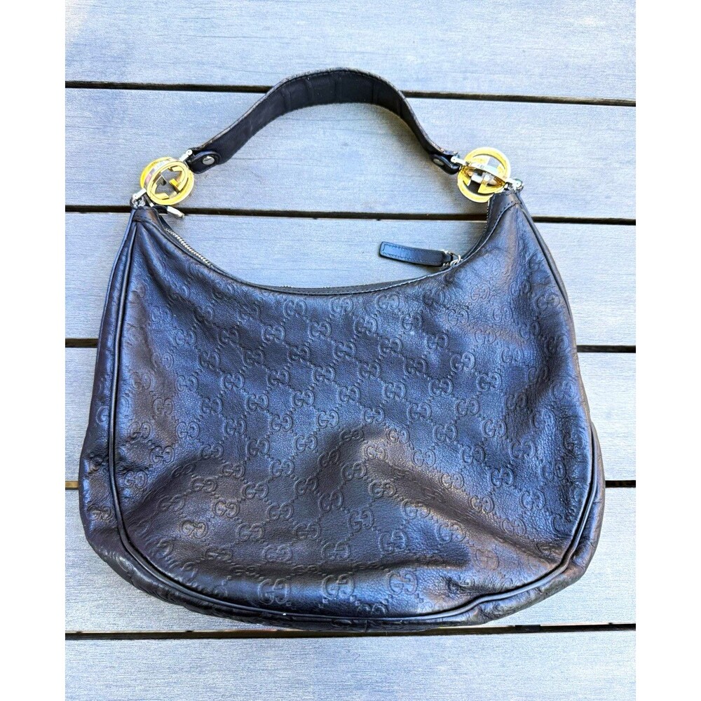 Gucci Guccissima GG Twins Hobo Bag Black Leather Interlocking GG Shoulder Bag